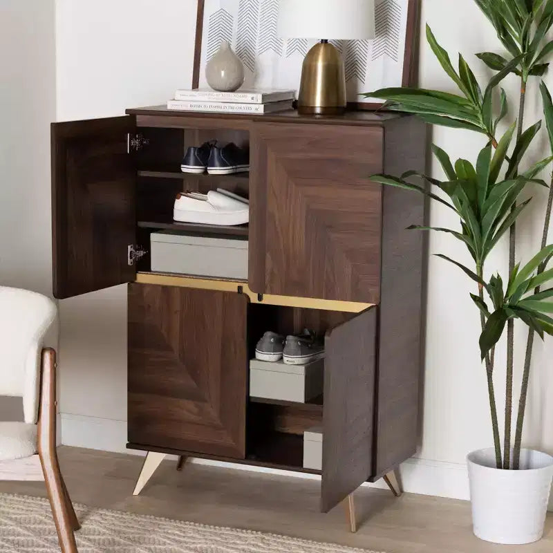 Scarpiera Graceland in legno Noce/Oro: design di metà secolo, 6 ripiani, organizza 18 paia