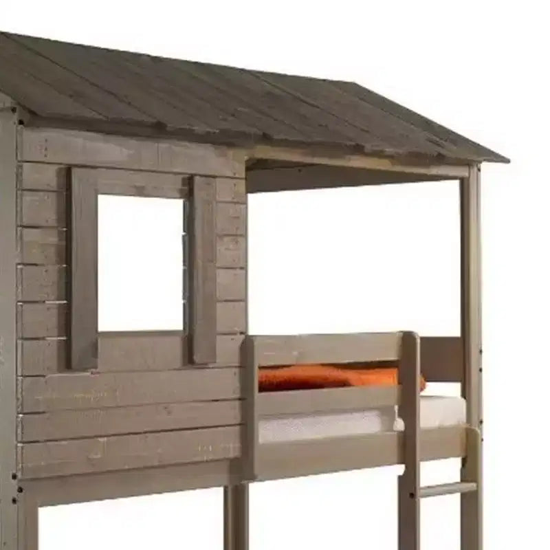Letto a castello Darlene con soppalco e letto a castello 77" Rustic Gray: Legno massello di pino, sponde di protezione, scaletta, area giochi