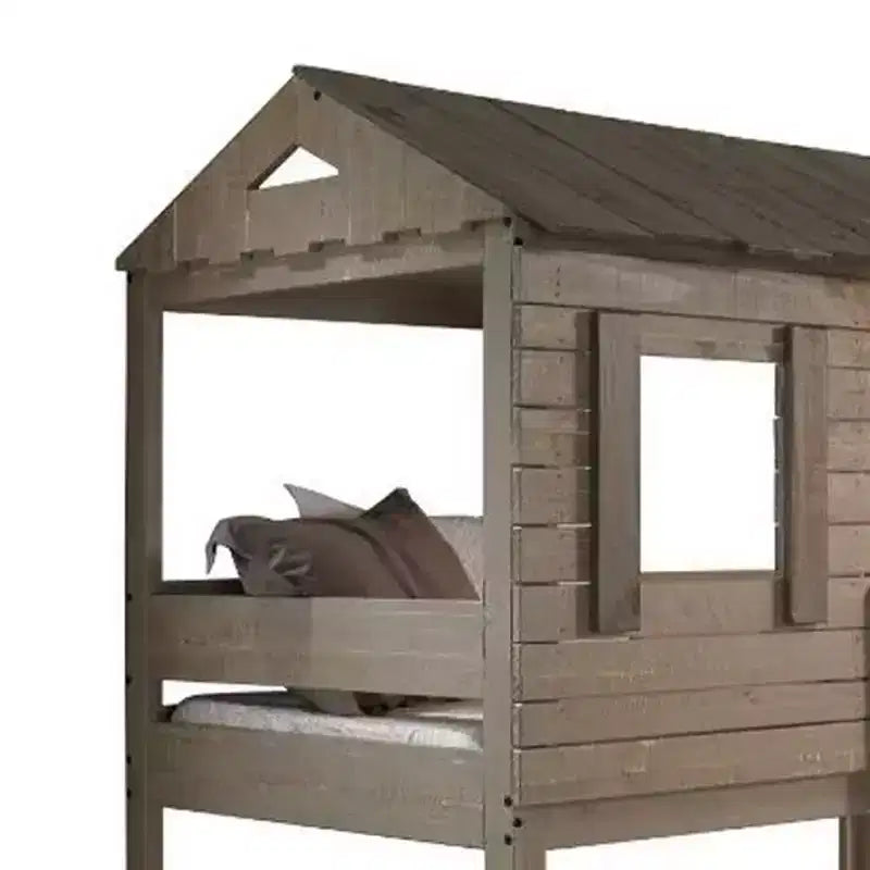 Letto a castello Darlene con soppalco e letto a castello 77" Rustic Gray: Legno massello di pino, sponde di protezione, scaletta, area giochi
