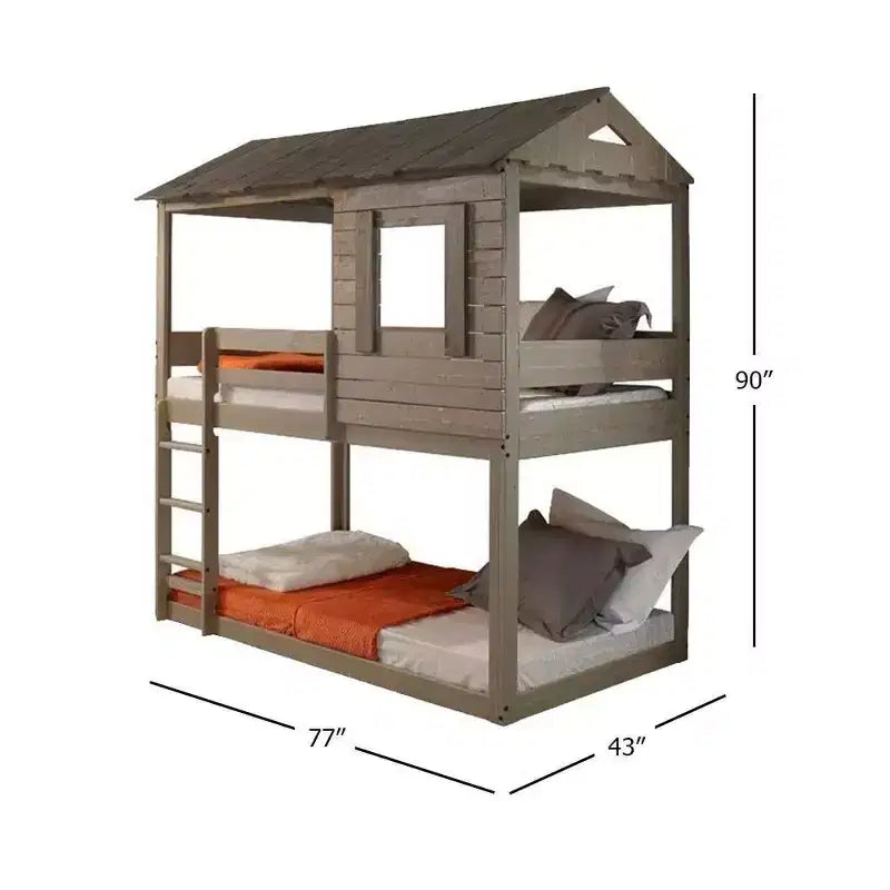 Letto a castello Darlene con soppalco e letto a castello 77" Rustic Gray: Legno massello di pino, sponde di protezione, scaletta, area giochi