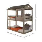 Letto a castello Darlene con soppalco e letto a castello 77" Rustic Gray: Legno massello di pino, sponde di protezione, scaletta, area giochi