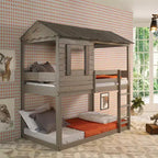 Letto a castello Darlene con soppalco e letto a castello 77" Rustic Gray: Legno massello di pino, sponde di protezione, scaletta, area giochi