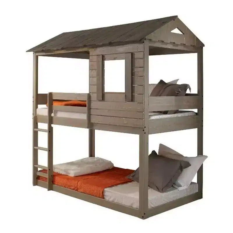 Letto a castello Darlene con soppalco e letto a castello 77" Rustic Gray: Legno massello di pino, sponde di protezione, scaletta, area giochi