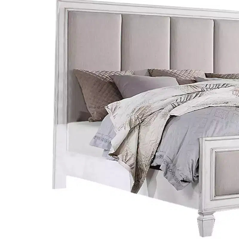 Letto Eastern King 88" Katia, Lino Grigio Chiaro, Finitura Bianco Invecchiato Grigio Rustico