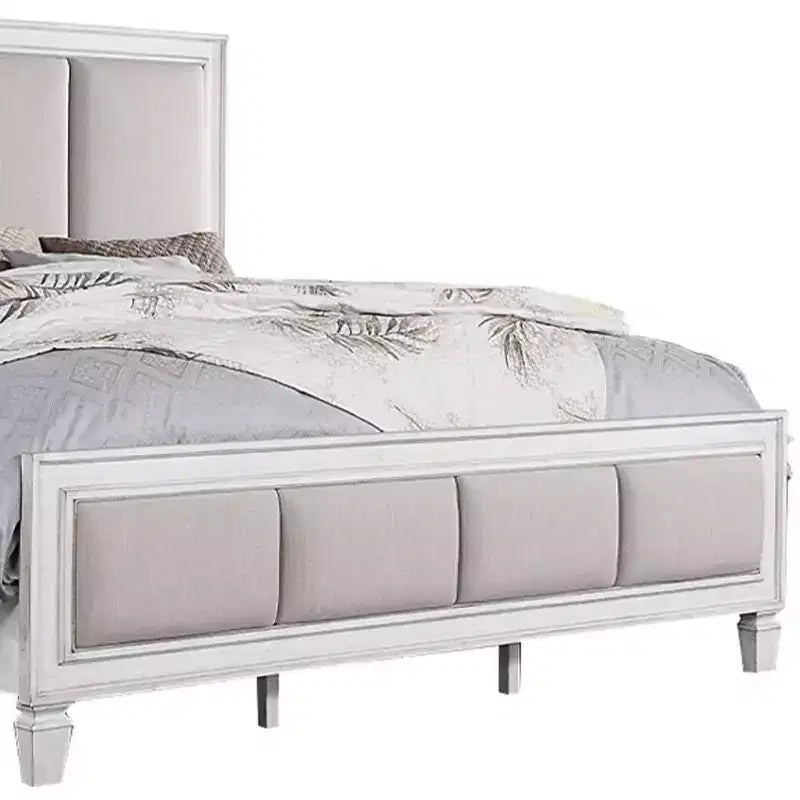 Letto Eastern King 88" Katia, Lino Grigio Chiaro, Finitura Bianco Invecchiato Grigio Rustico