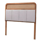 Testiera King Esti in tessuto e legno con rattan grigio chiaro/noce cenere: Design Mid-Century, 5 altezze regolabili