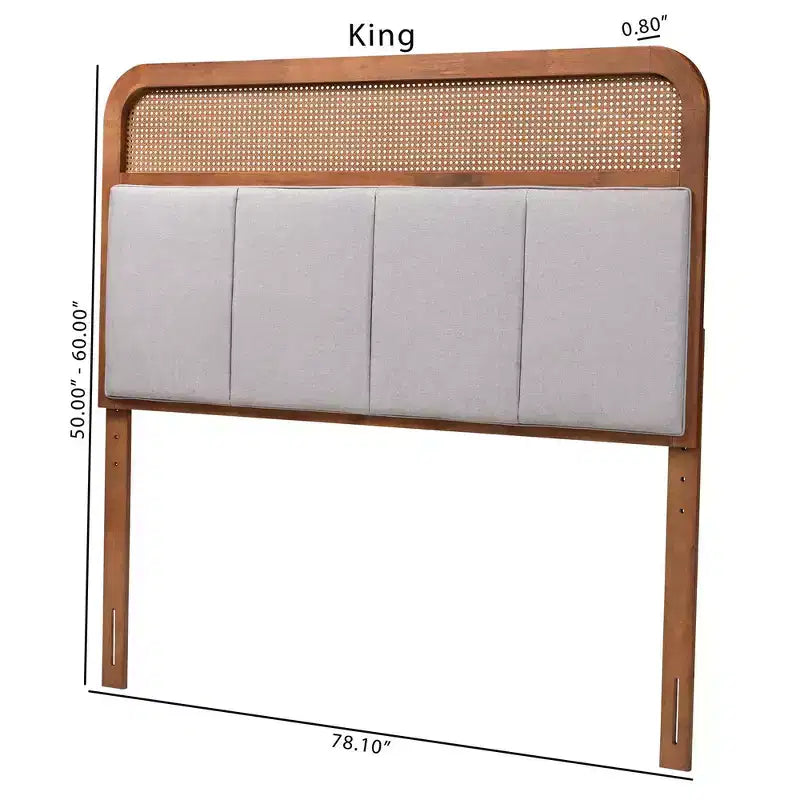 Testiera King Esti in tessuto e legno con rattan grigio chiaro/noce cenere: Design Mid-Century, 5 altezze regolabili