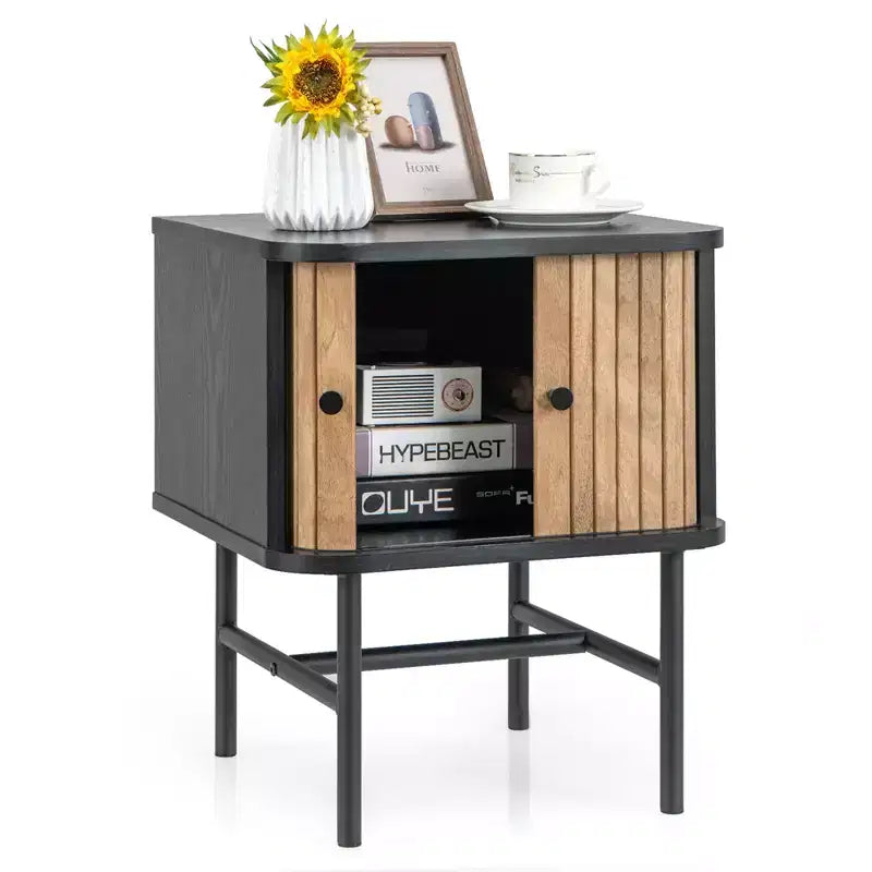 Comodino con anta scorrevole, stile moderno di metà secolo, con mobiletto contenitore, nero/bianco anticato