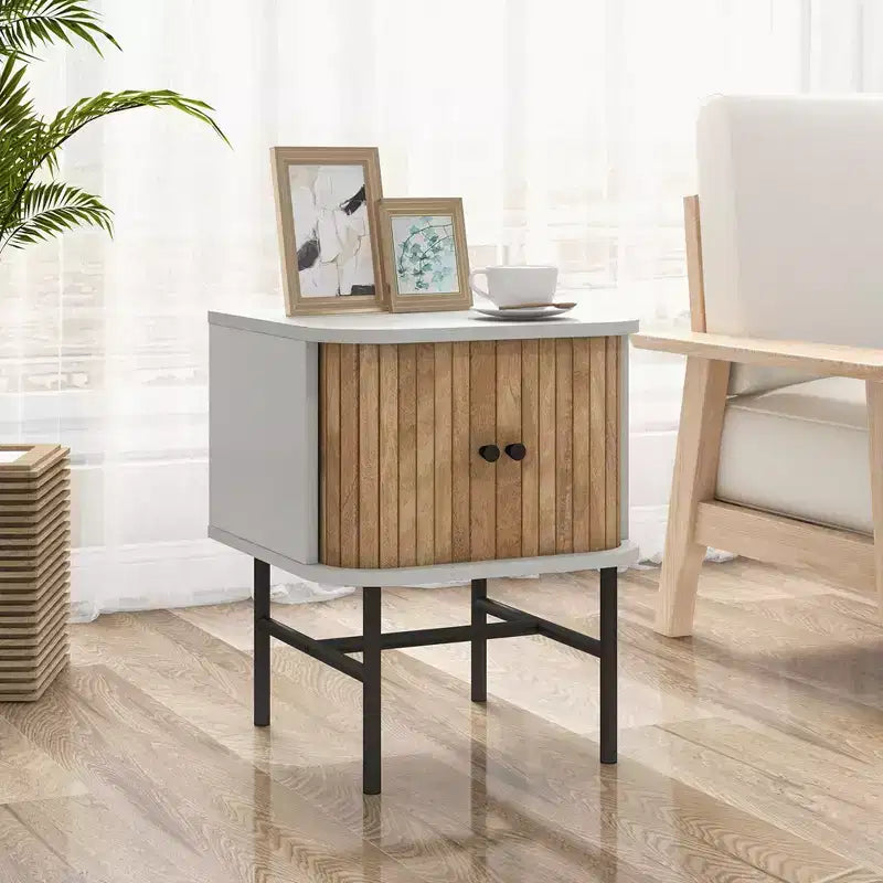 Comodino con anta scorrevole, stile moderno di metà secolo, con mobiletto contenitore, nero/bianco anticato