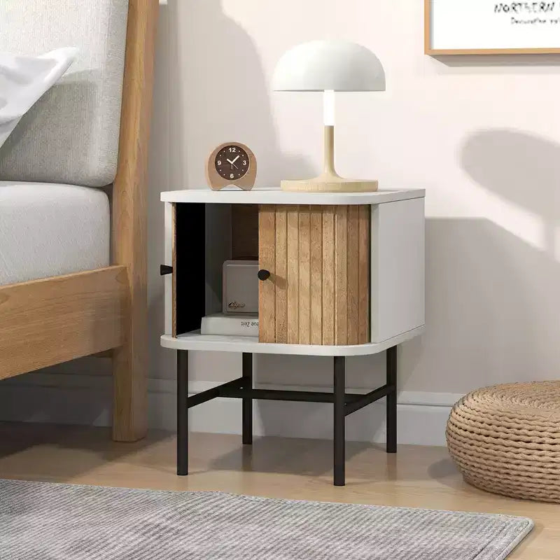 Comodino con anta scorrevole, stile moderno di metà secolo, con mobiletto contenitore, nero/bianco anticato