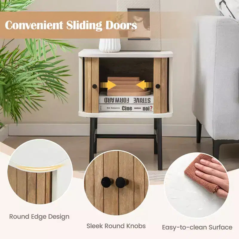 Comodino con anta scorrevole, stile moderno di metà secolo, con mobiletto contenitore, nero/bianco anticato