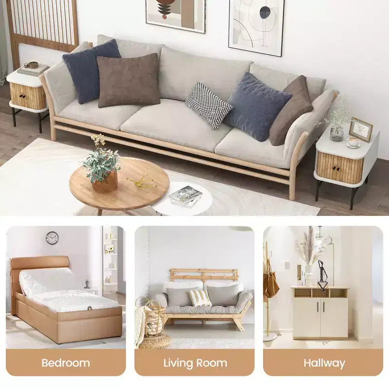 Comodino con anta scorrevole, stile moderno di metà secolo, con mobiletto contenitore, nero/bianco anticato
