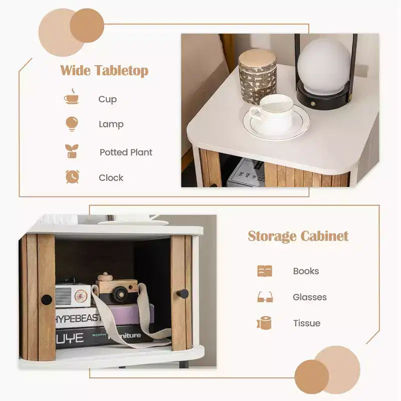 Comodino con anta scorrevole, stile moderno di metà secolo, con mobiletto contenitore, nero/bianco anticato