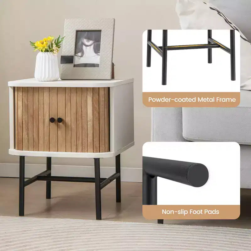 Comodino con anta scorrevole, stile moderno di metà secolo, con mobiletto contenitore, nero/bianco anticato