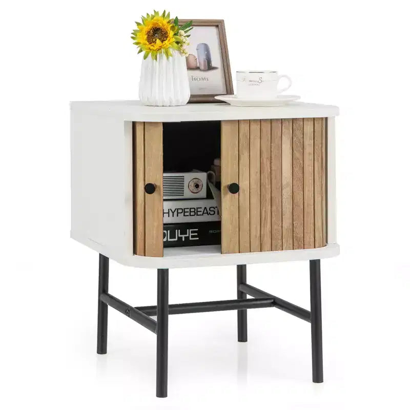 Comodino con anta scorrevole, stile moderno di metà secolo, con mobiletto contenitore, nero/bianco anticato