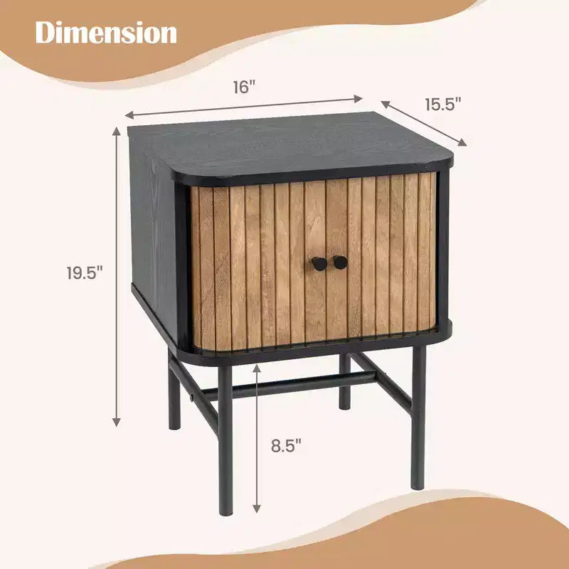 Comodino con anta scorrevole, stile moderno di metà secolo, con mobiletto contenitore, nero/bianco anticato