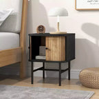 Comodino con anta scorrevole, stile moderno di metà secolo, con mobiletto contenitore, nero/bianco anticato