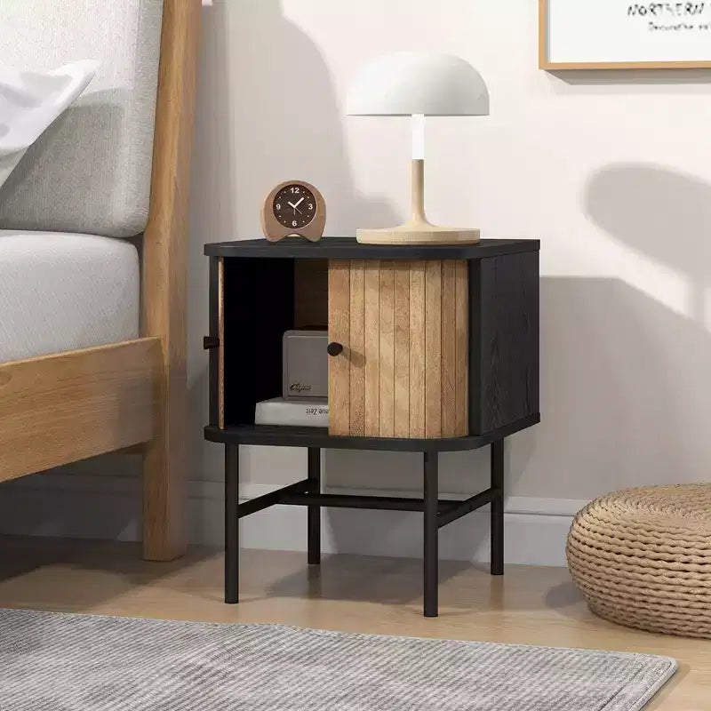Comodino con anta scorrevole, stile moderno di metà secolo, con mobiletto contenitore, nero/bianco anticato