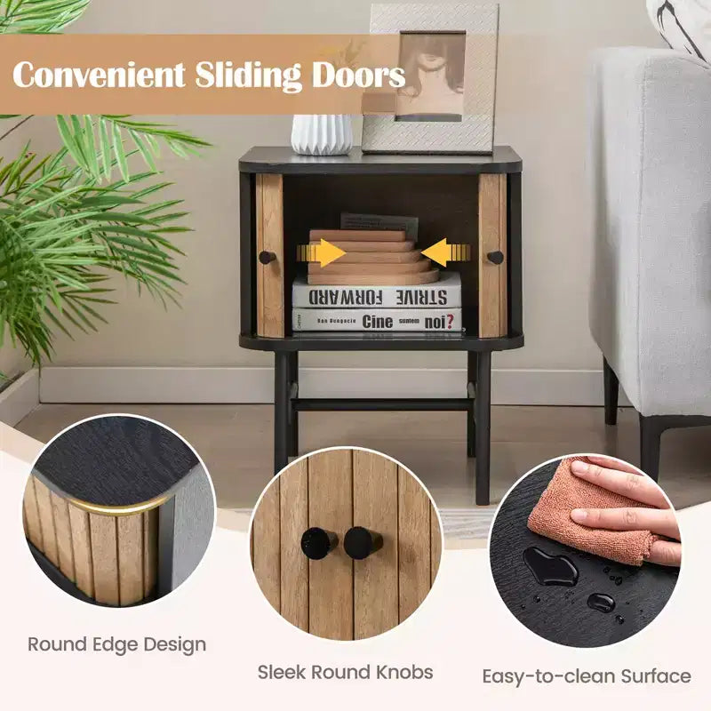 Comodino con anta scorrevole, stile moderno di metà secolo, con mobiletto contenitore, nero/bianco anticato