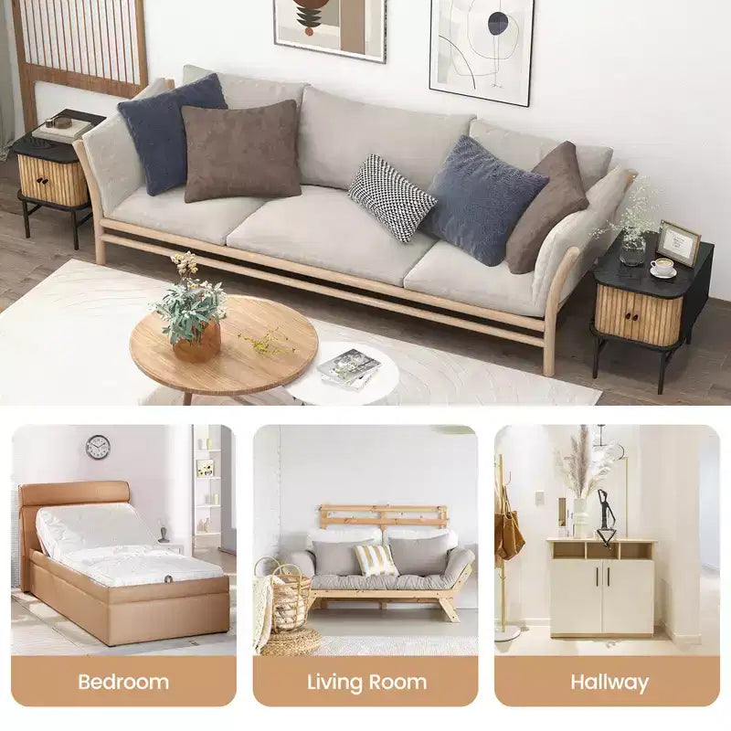 Comodino con anta scorrevole, stile moderno di metà secolo, con mobiletto contenitore, nero/bianco anticato