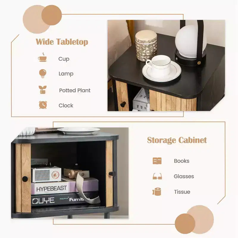Comodino con anta scorrevole, stile moderno di metà secolo, con mobiletto contenitore, nero/bianco anticato