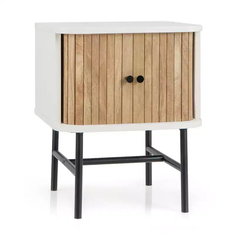 Comodino con anta scorrevole, stile moderno di metà secolo, con mobiletto contenitore, nero/bianco anticato