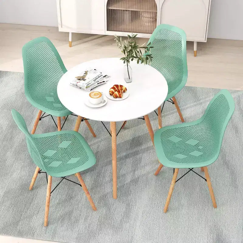 Tavolo da pranzo per 4 persone moderno rotondo e 4 sedie con gambe in legno Verde/Bianco
