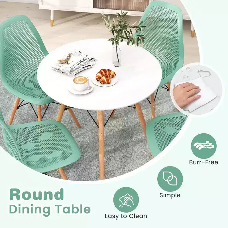 Tavolo da pranzo per 4 persone moderno rotondo e 4 sedie con gambe in legno Verde/Bianco