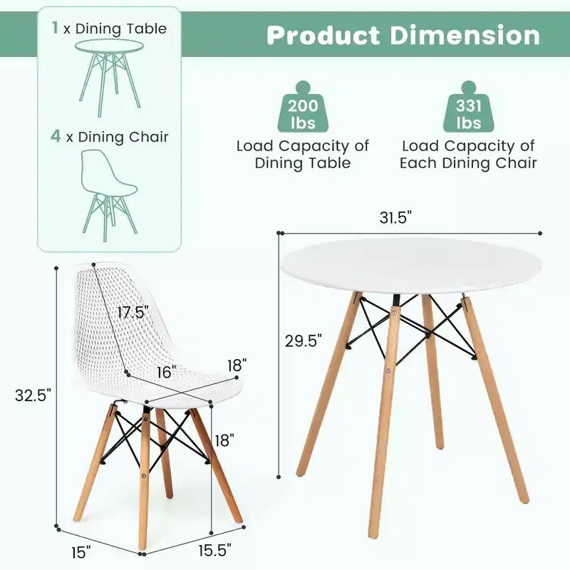 Tavolo da pranzo per 4 persone moderno rotondo e 4 sedie con gambe in legno Verde/Bianco