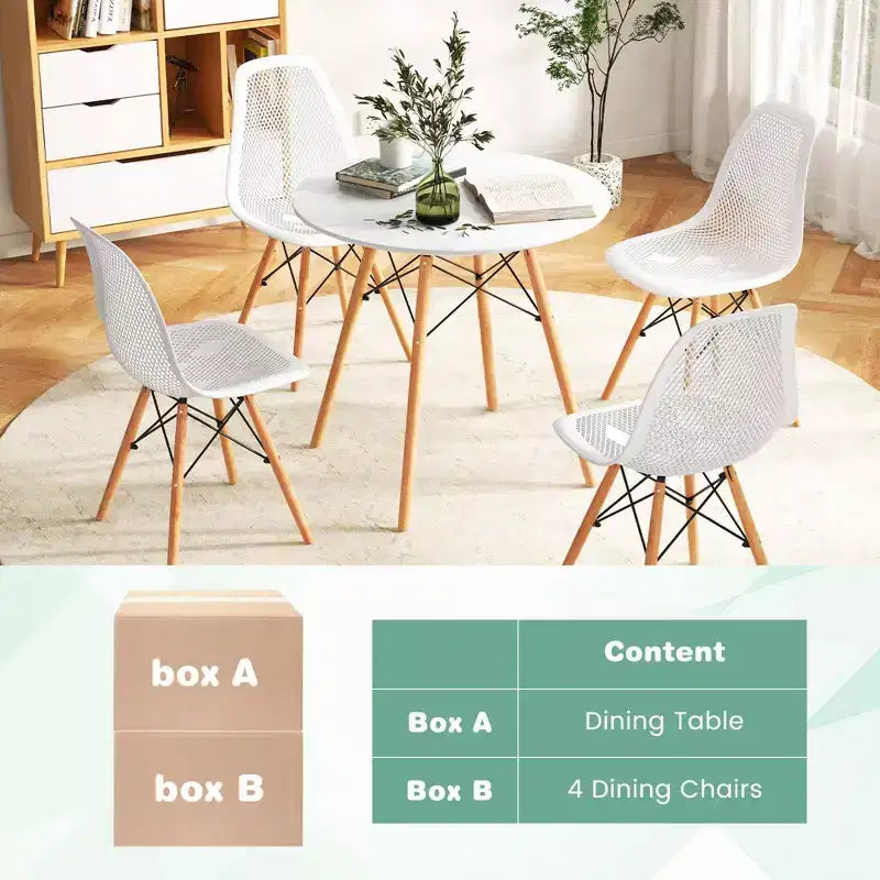 Tavolo da pranzo per 4 persone moderno rotondo e 4 sedie con gambe in legno Verde/Bianco