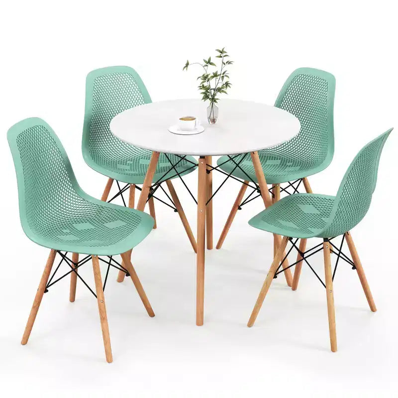 Tavolo da pranzo per 4 persone moderno rotondo e 4 sedie con gambe in legno Verde/Bianco