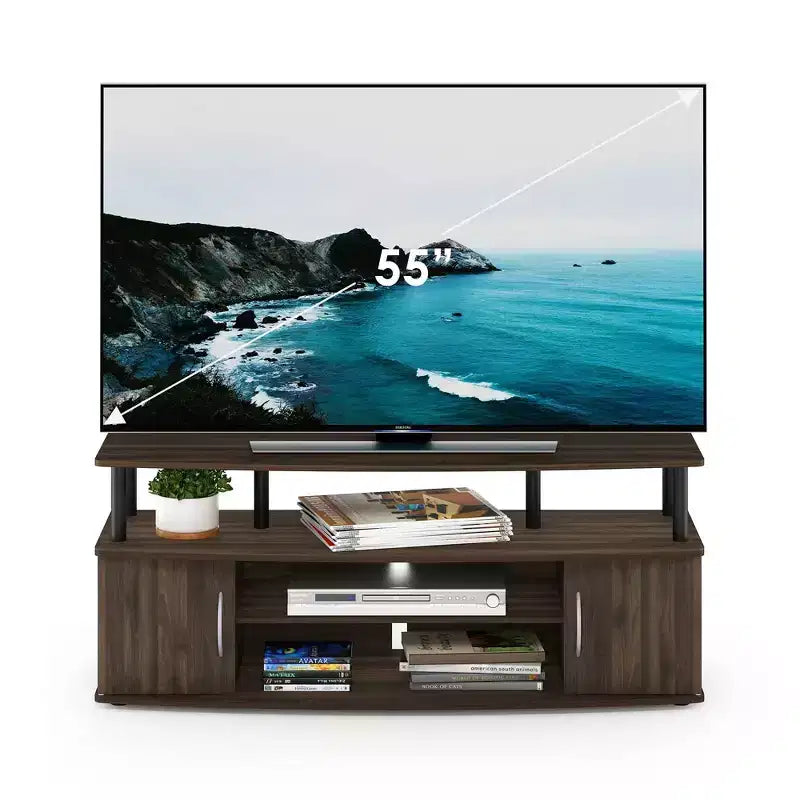 Mobile porta TV moderno per intrattenimento con ante e ripiani, per TV fino a 55 pollici, noce Columbia/nero