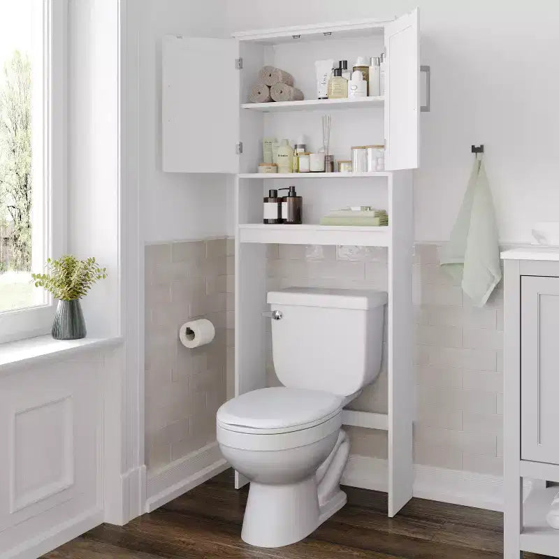 Organizzatore salvaspazio da bagno Vega sopra il WC con ante a chiusura magnetica, ripiano interno regolabile e ripiano inferiore aperto