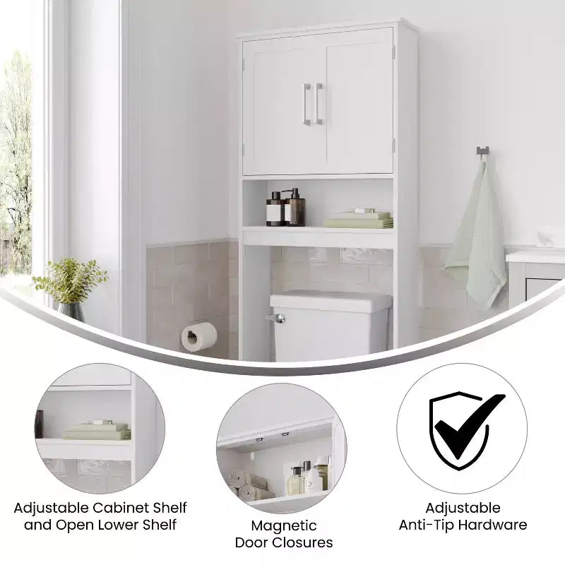 Organizzatore salvaspazio da bagno Vega sopra il WC con ante a chiusura magnetica, ripiano interno regolabile e ripiano inferiore aperto