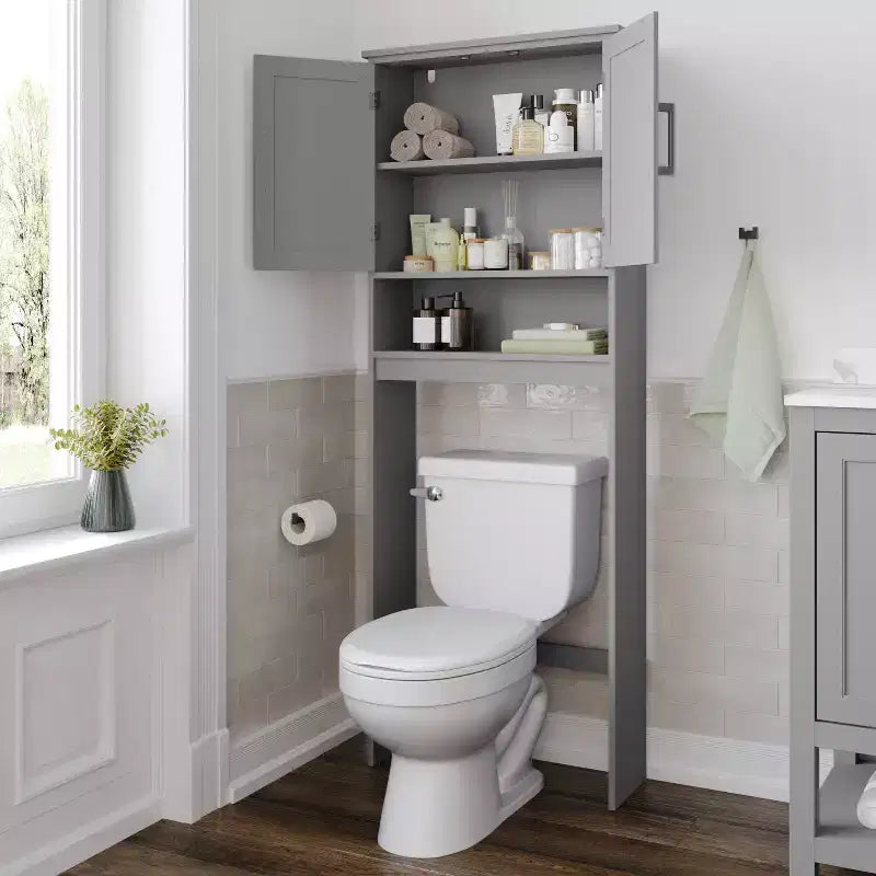 Organizzatore salvaspazio da bagno Vega sopra il WC con ante a chiusura magnetica, ripiano interno regolabile e ripiano inferiore aperto