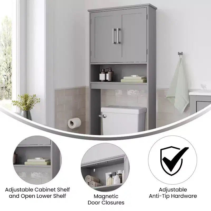 Organizzatore salvaspazio da bagno Vega sopra il WC con ante a chiusura magnetica, ripiano interno regolabile e ripiano inferiore aperto
