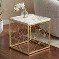 Tavolino d'appoggio quadrato Karin Modern Glam, 43 cm di larghezza, piano in finto marmo bianco e oro per soggiorno, camera da letto, comodino