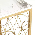 Tavolino d'appoggio quadrato Karin Modern Glam, 43 cm di larghezza, piano in finto marmo bianco e oro per soggiorno, camera da letto, comodino