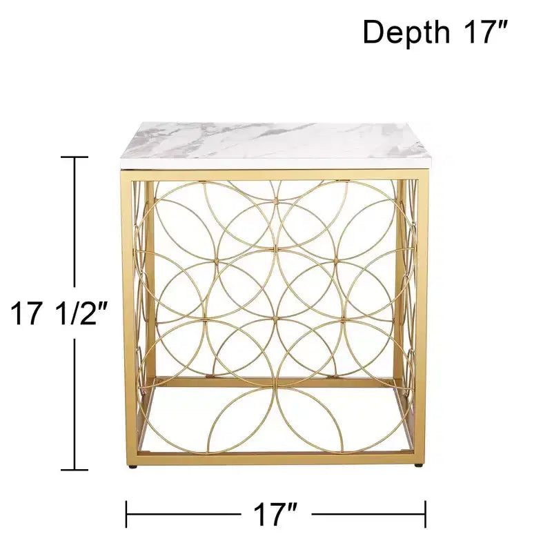 Tavolino d'appoggio quadrato Karin Modern Glam, 43 cm di larghezza, piano in finto marmo bianco e oro per soggiorno, camera da letto, comodino