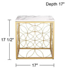 Tavolino d'appoggio quadrato Karin Modern Glam, 43 cm di larghezza, piano in finto marmo bianco e oro per soggiorno, camera da letto, comodino