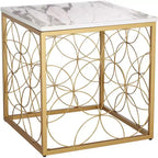 Tavolino d'appoggio quadrato Karin Modern Glam, 43 cm di larghezza, piano in finto marmo bianco e oro per soggiorno, camera da letto, comodino