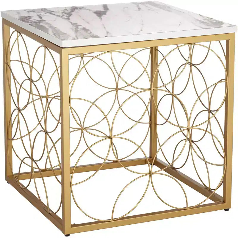 Tavolino d'appoggio quadrato Karin Modern Glam, 43 cm di larghezza, piano in finto marmo bianco e oro per soggiorno, camera da letto, comodino