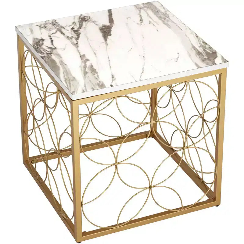 Tavolino d'appoggio quadrato Karin Modern Glam, 43 cm di larghezza, piano in finto marmo bianco e oro per soggiorno, camera da letto, comodino