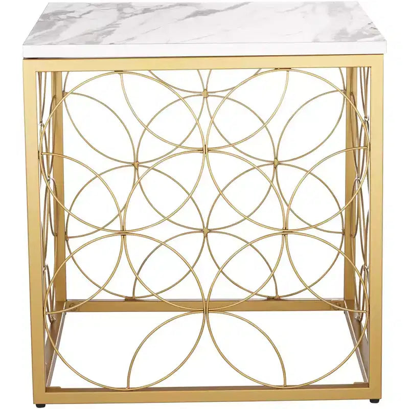 Tavolino d'appoggio quadrato Karin Modern Glam, 43 cm di larghezza, piano in finto marmo bianco e oro per soggiorno, camera da letto, comodino