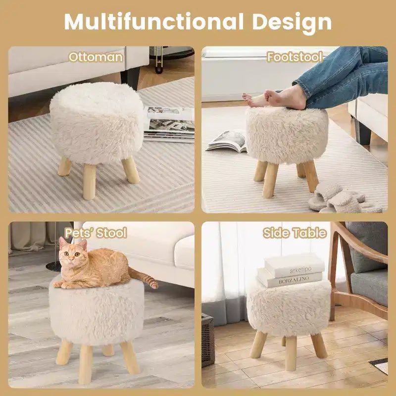Poggiapiedi rotondo pouf in ecopelle imbottito con seduta imbottita bianco
