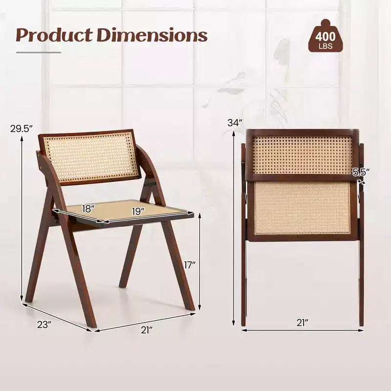 Sedie da pranzo pieghevoli con schienale e seduta in rattan intrecciato, struttura in legno di caucciù, marroni