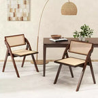 Sedie da pranzo pieghevoli con schienale e seduta in rattan intrecciato, struttura in legno di caucciù, marroni