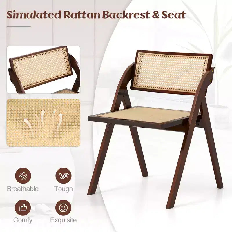 Sedie da pranzo pieghevoli con schienale e seduta in rattan intrecciato, struttura in legno di caucciù, marroni