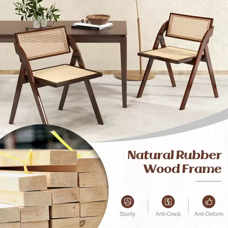Sedie da pranzo pieghevoli con schienale e seduta in rattan intrecciato, struttura in legno di caucciù, marroni